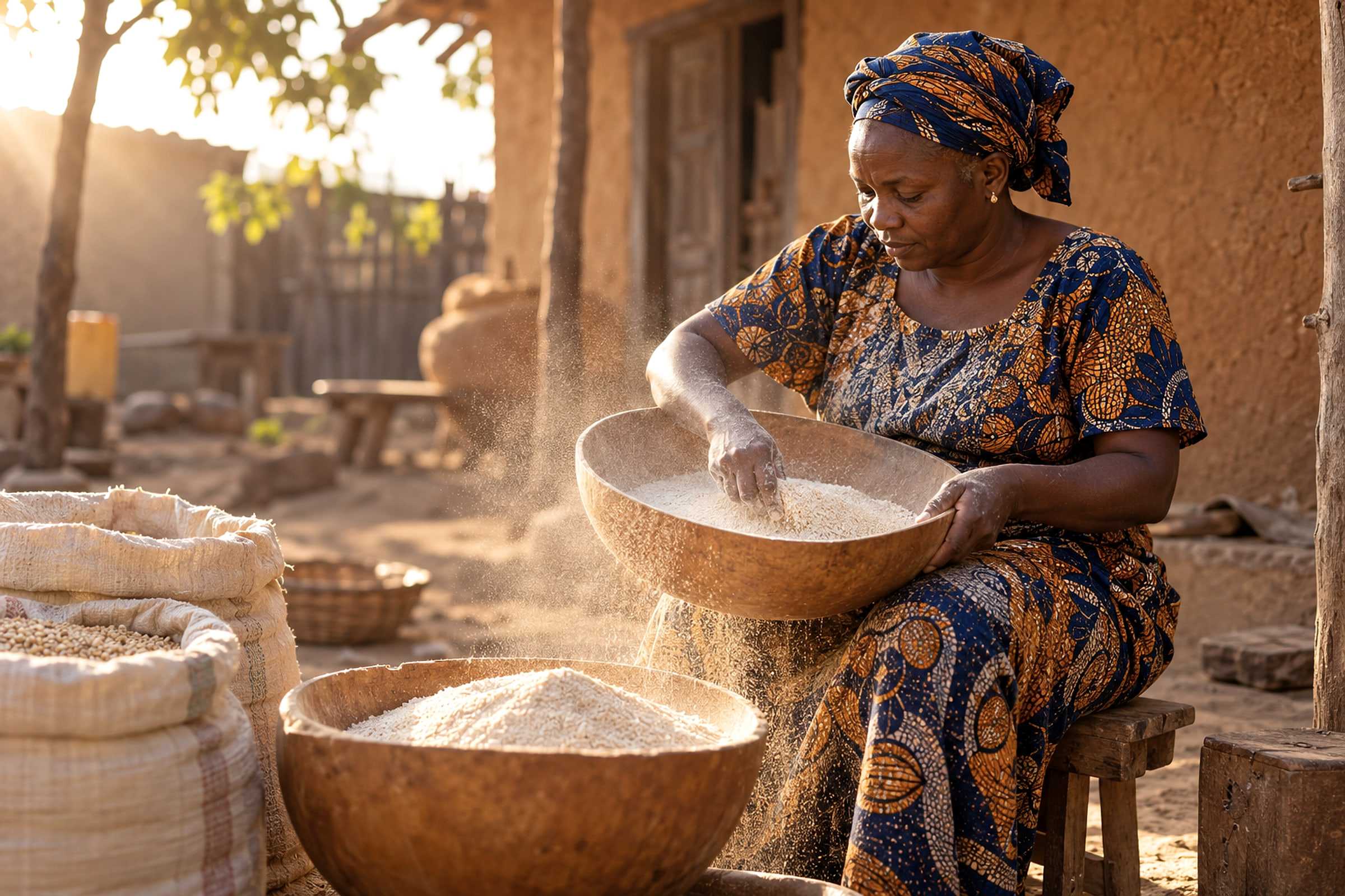 Une femme tamise de la farine dans une calebasse, dans la cour de sa maison