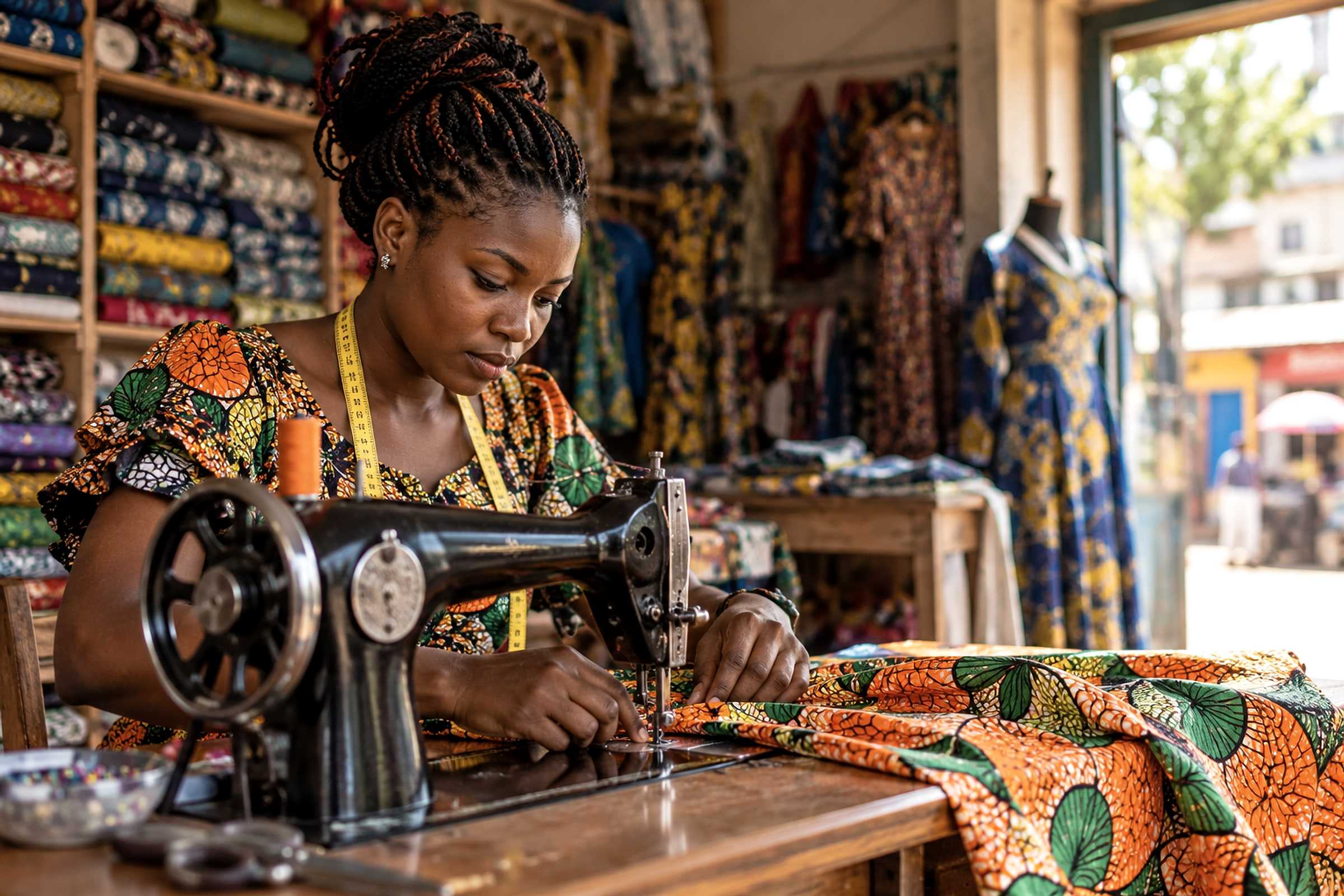 Une jeune couturière guide un tissu wax sous l’aiguille de sa machine, dans son atelier