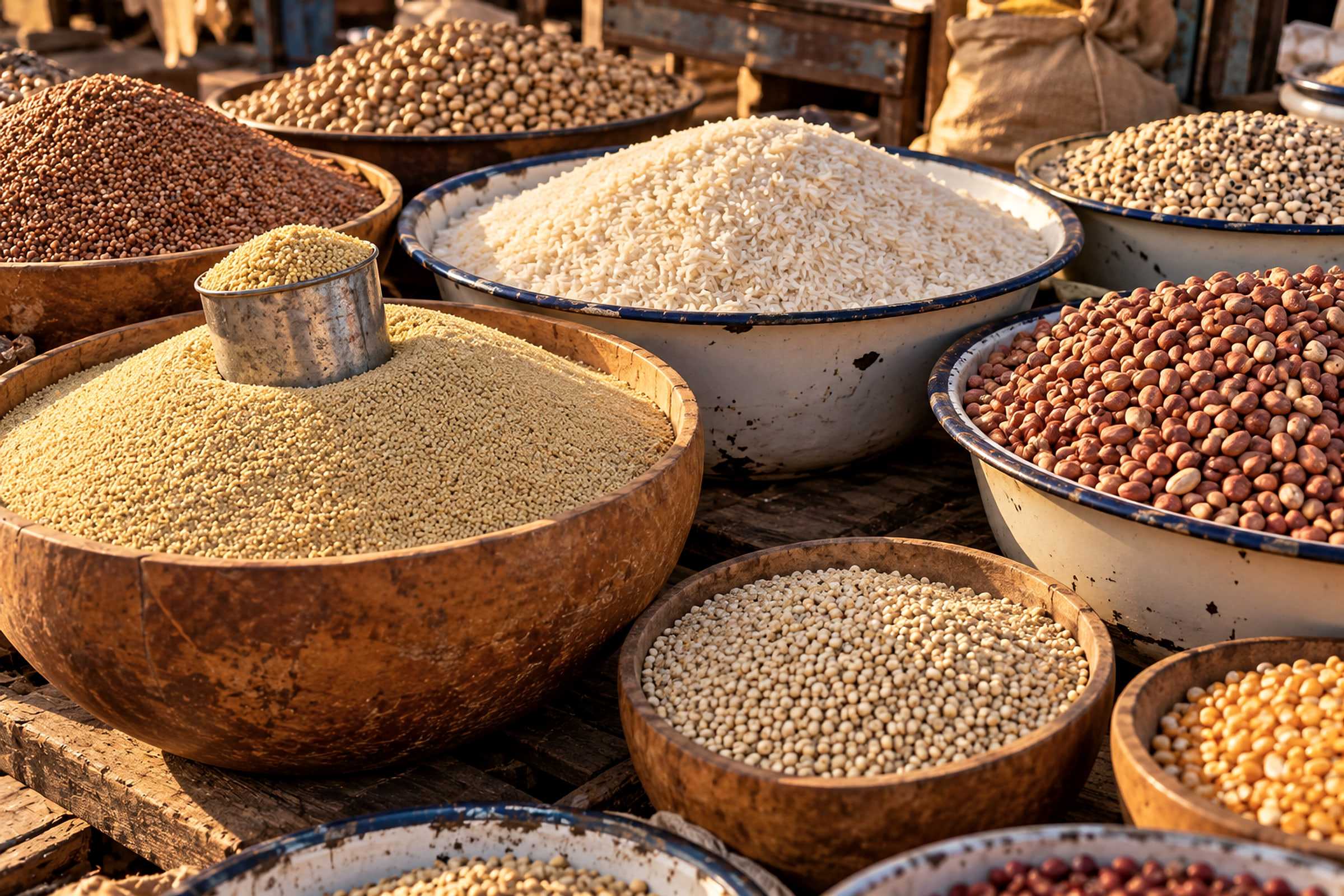 Des calebasses et des bassines de fonio, de riz, d’arachides et de haricots sur un étal